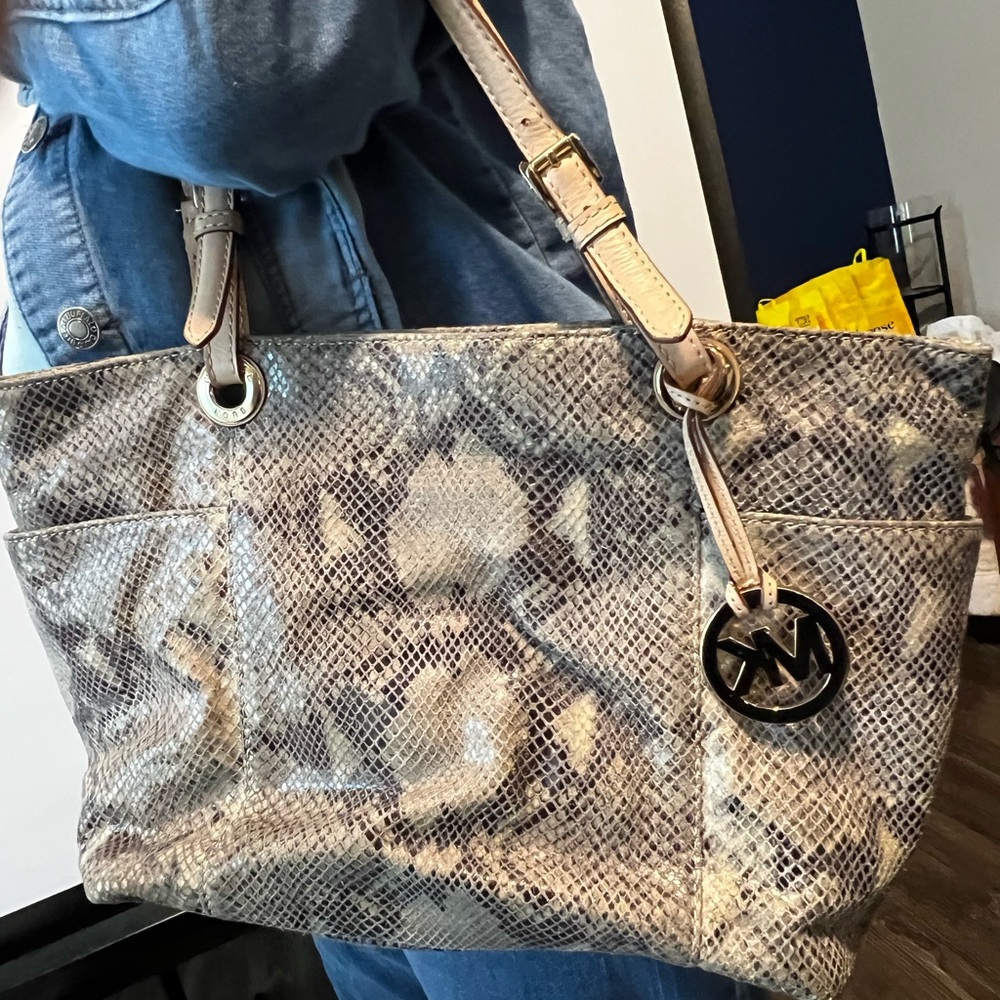 Michael Kors Snake Print Tote in Gray and Cream